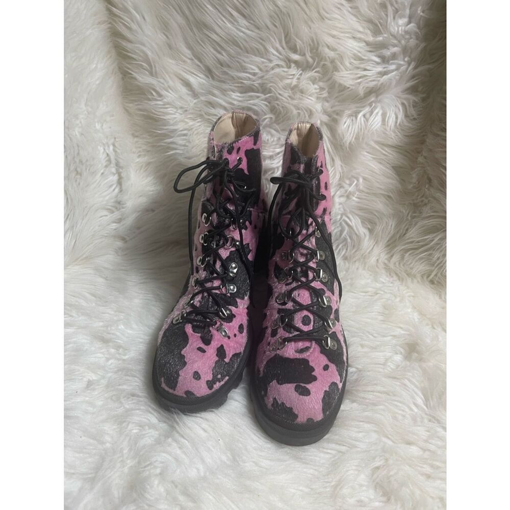 Mata Pink & Black calf hair Lace-Up Boots Lug sole SZ11